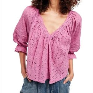 Free People Darcy Eyelet Blouse W/Velvet Details